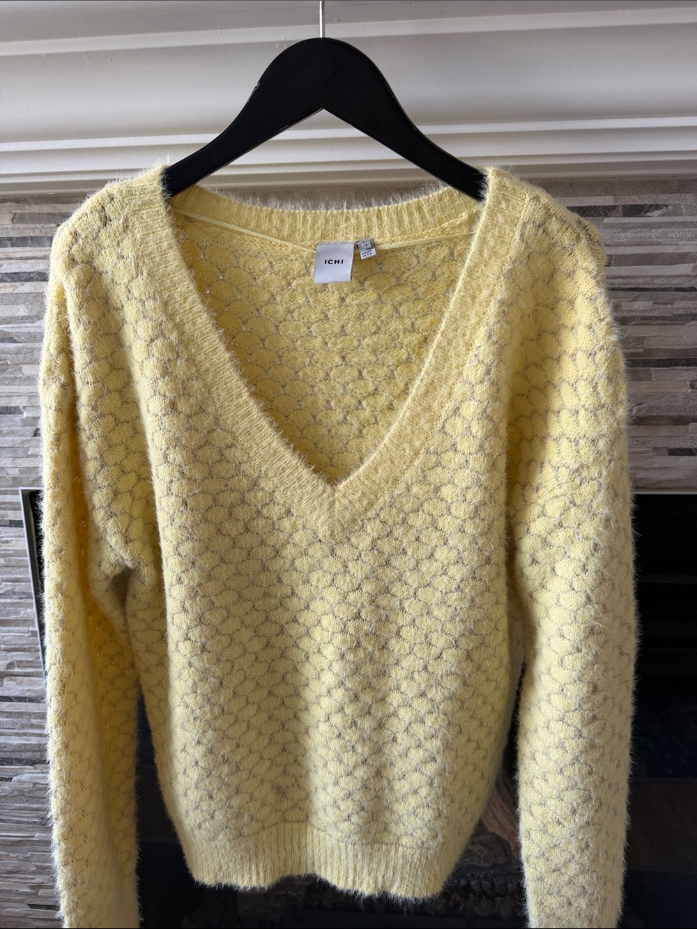 ICHI Soft Yellow V-Neck Fuzzy Knit Sweater